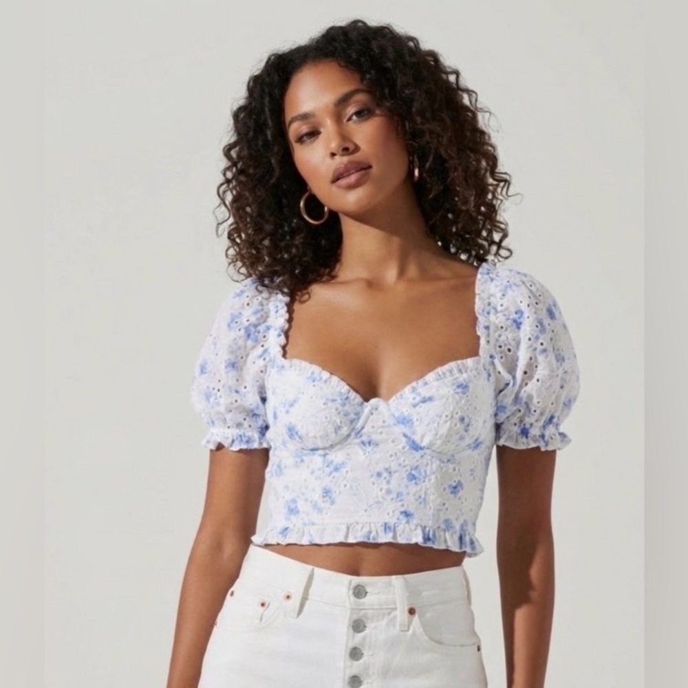 ASTR The Label Blue Floral Eyelet Puff Sleeve Crop Top Large Cotton Cottagecore